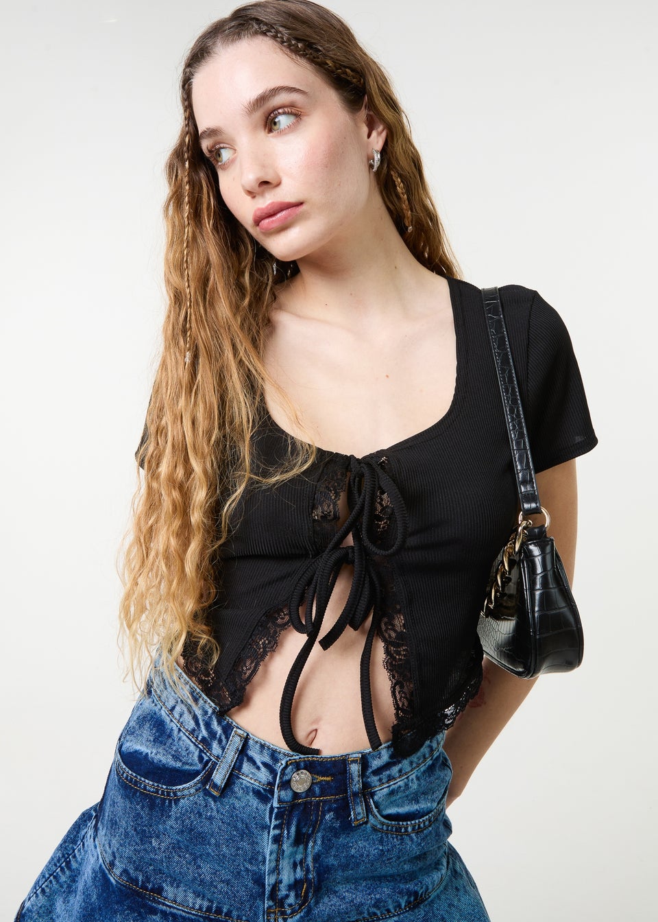Pink Vanilla Black Ribbed Lace Tie Front Top