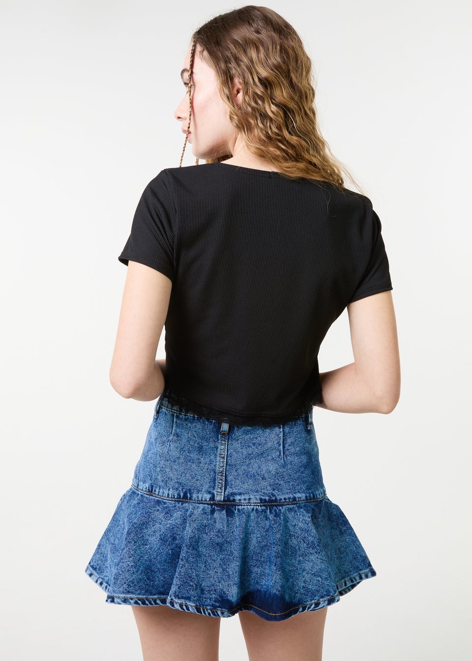 Pink Vanilla Black Ribbed Lace Tie Front Top