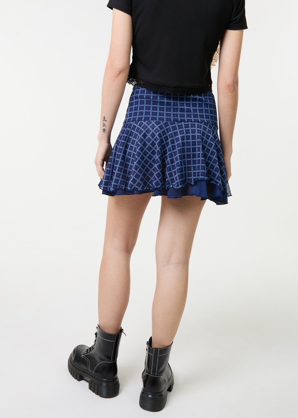 Pink Vanilla Navy Check Ruffle Mini Skirt
