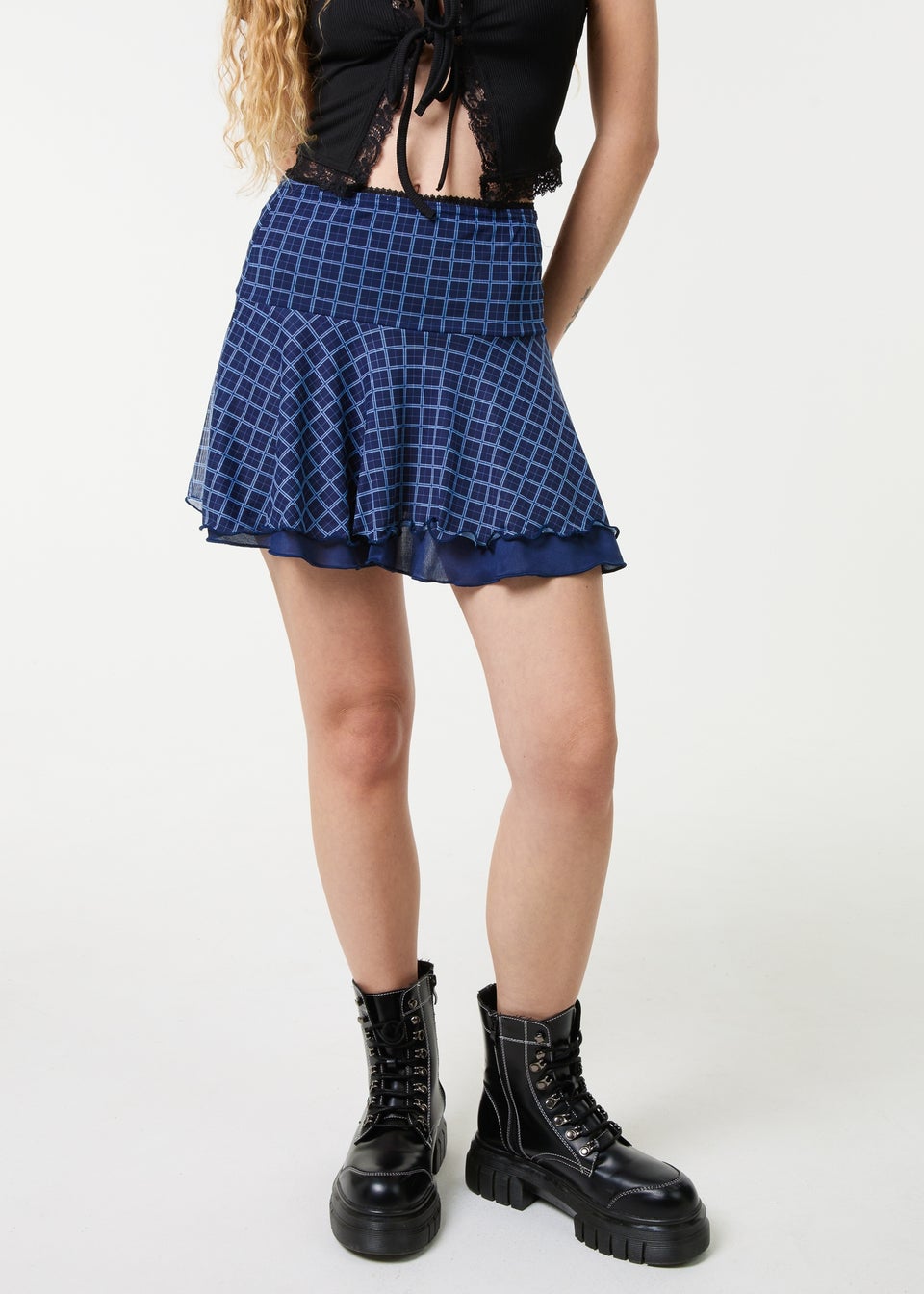 Pink Vanilla Navy Check Ruffle Mini Skirt