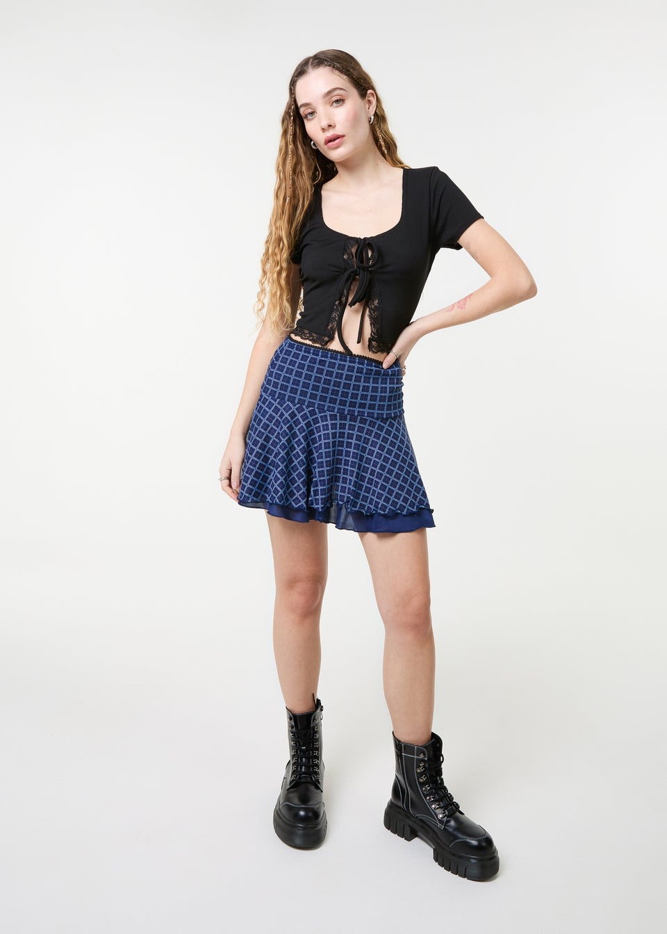 Pink Vanilla Navy Check Ruffle Mini Skirt