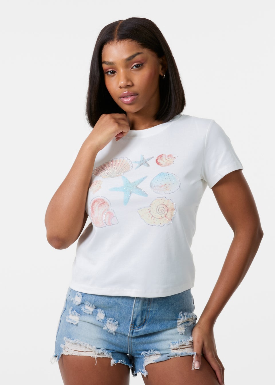 Pink Vanilla Ivory Shell Embellished T-Shirt