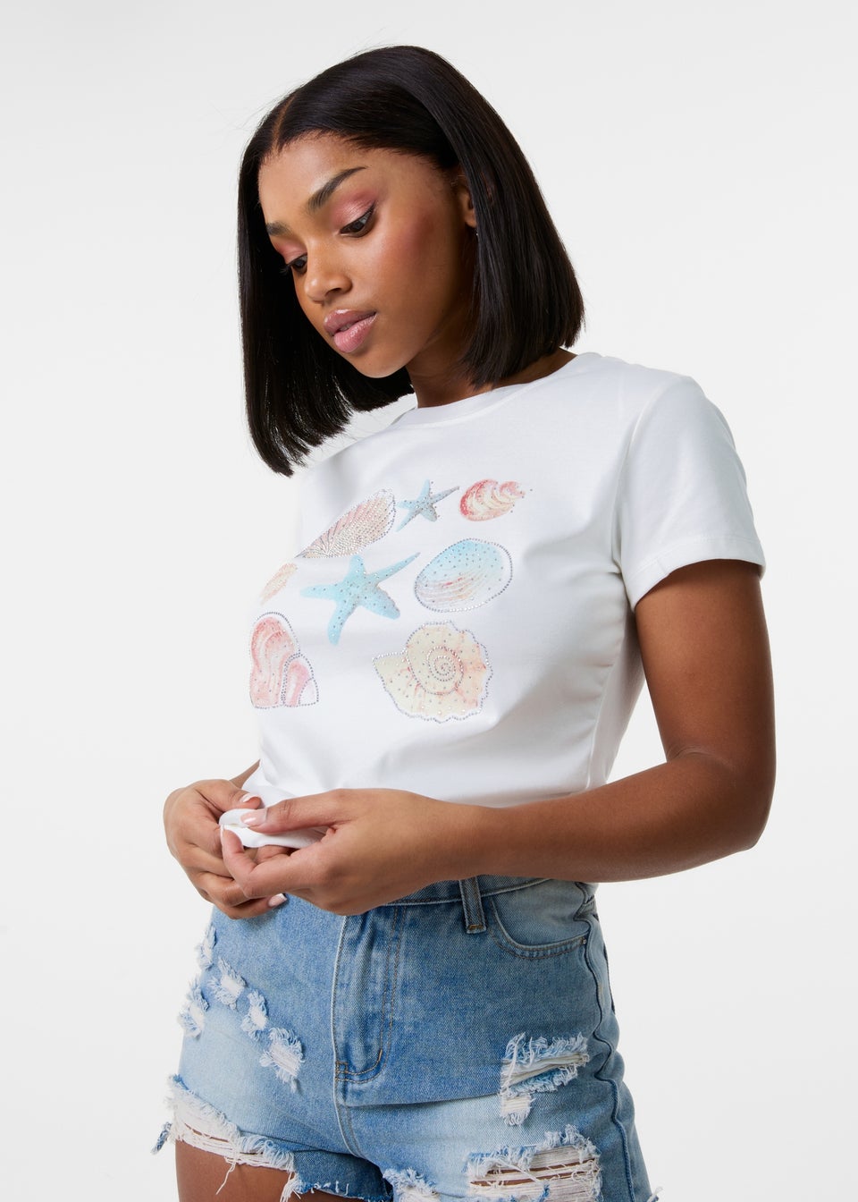 Pink Vanilla Ivory Shell Embellished T-Shirt