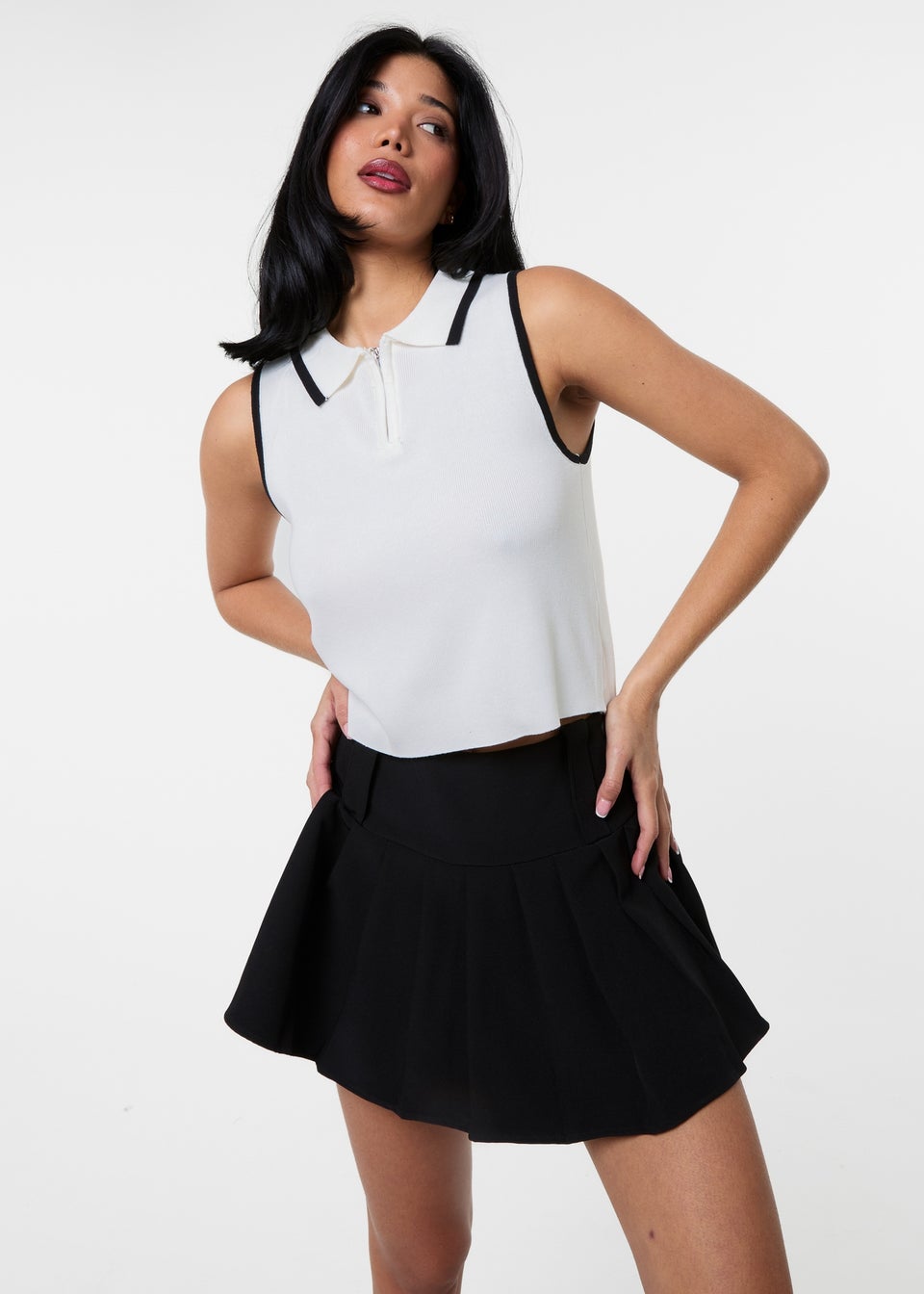 Pink Vanilla White Half Zip Crop Polo Top With Contrast Piping
