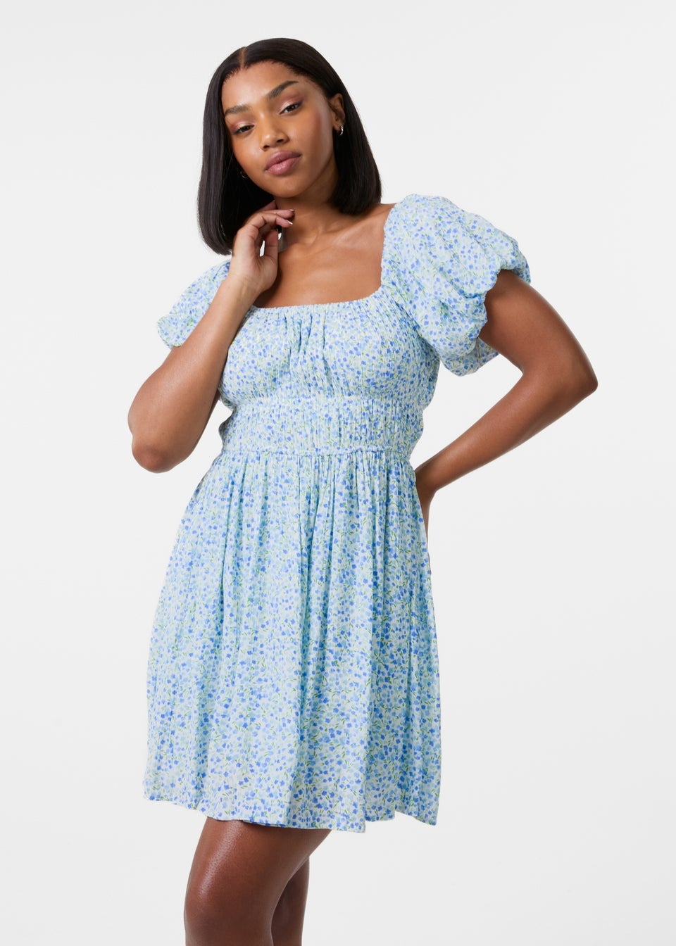 Pink Vanilla Blue Ditsy Puff Sleeve Mini Dress With Shorts