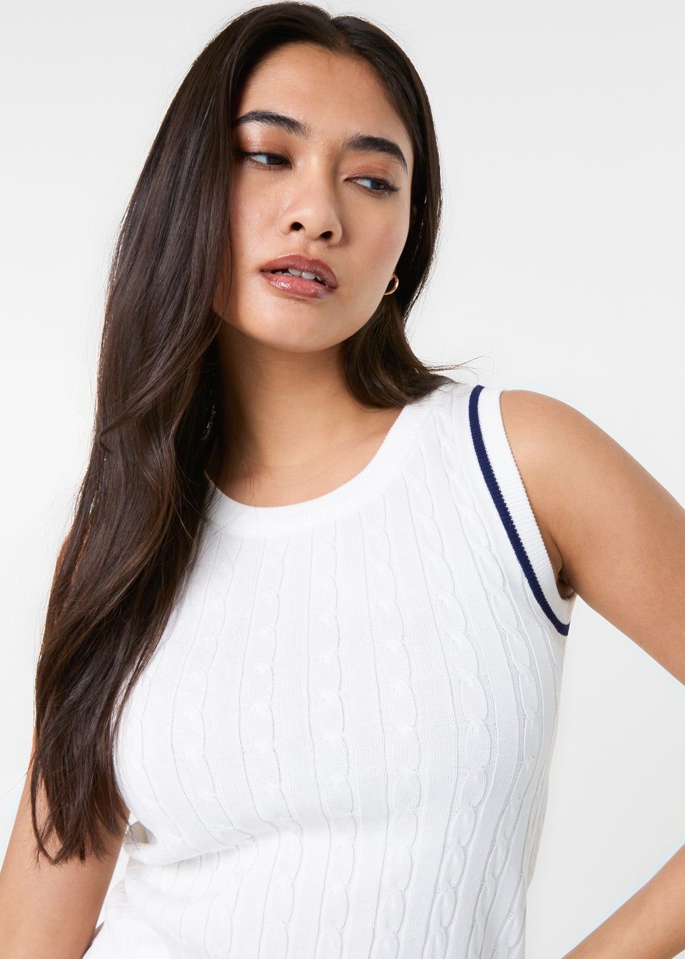 Pink Vanilla White Cable Knit Vest With Contrast Piping