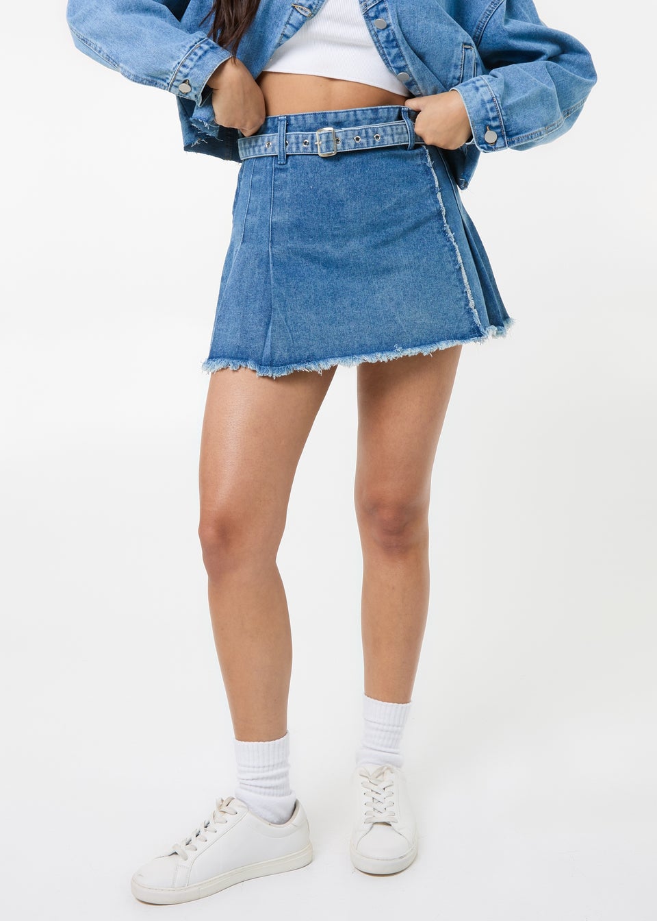 Pink Vanilla Blue Belt Denim Pleated Mini Skirt