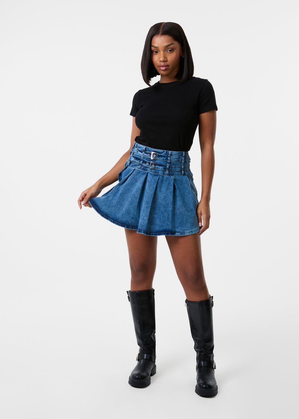 Pink Vanilla Blue Denim Double Belt Pleat Mini Skirt