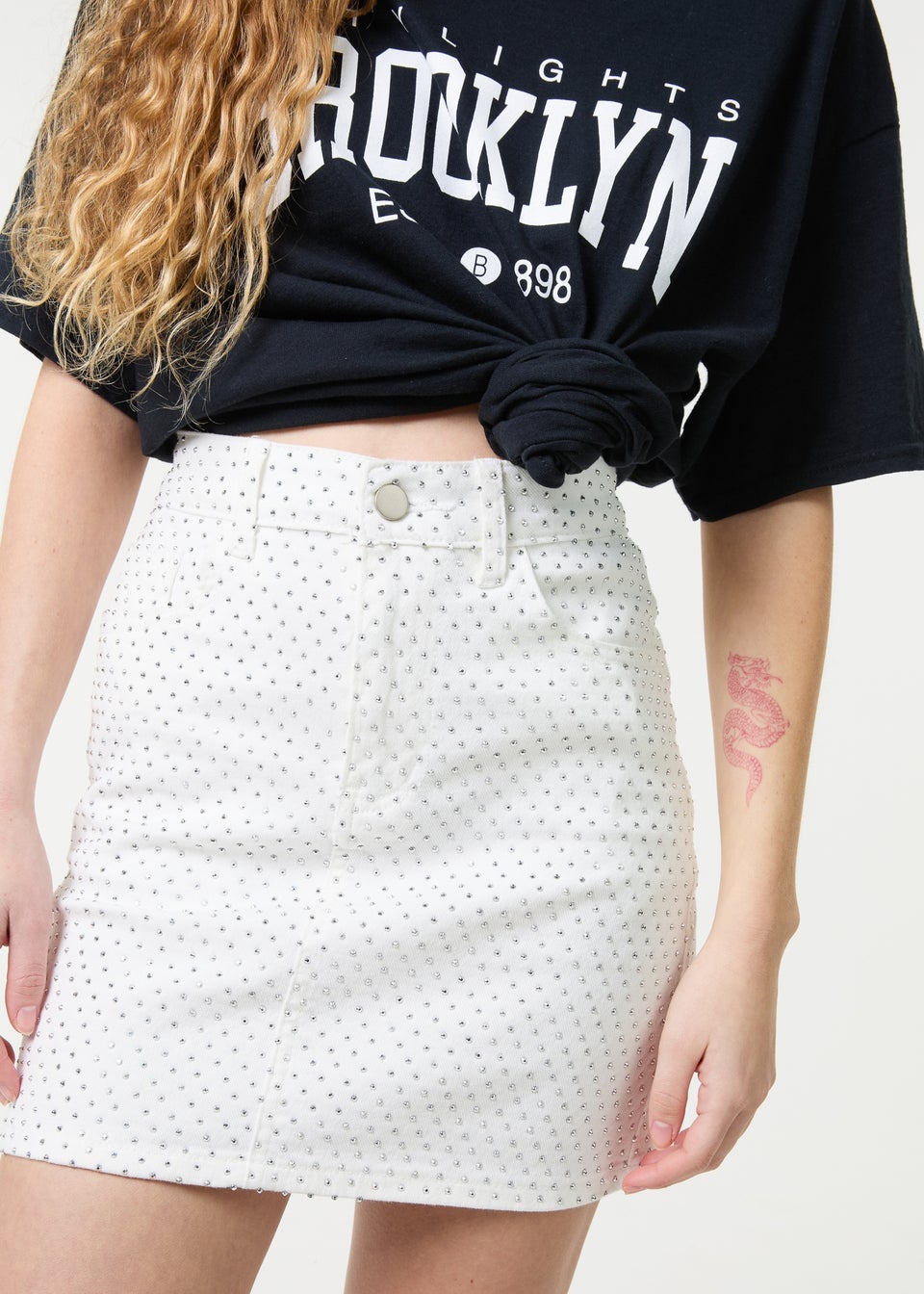 Pink Vanilla White Denim Diamante Mini Skirt