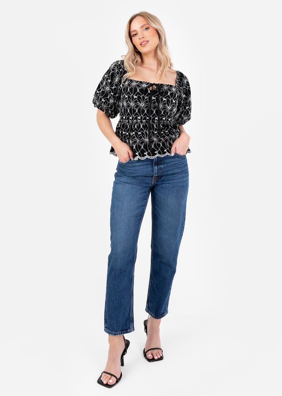 Lovedrobe Black Broderie Square Neck Short Puff Sleeve