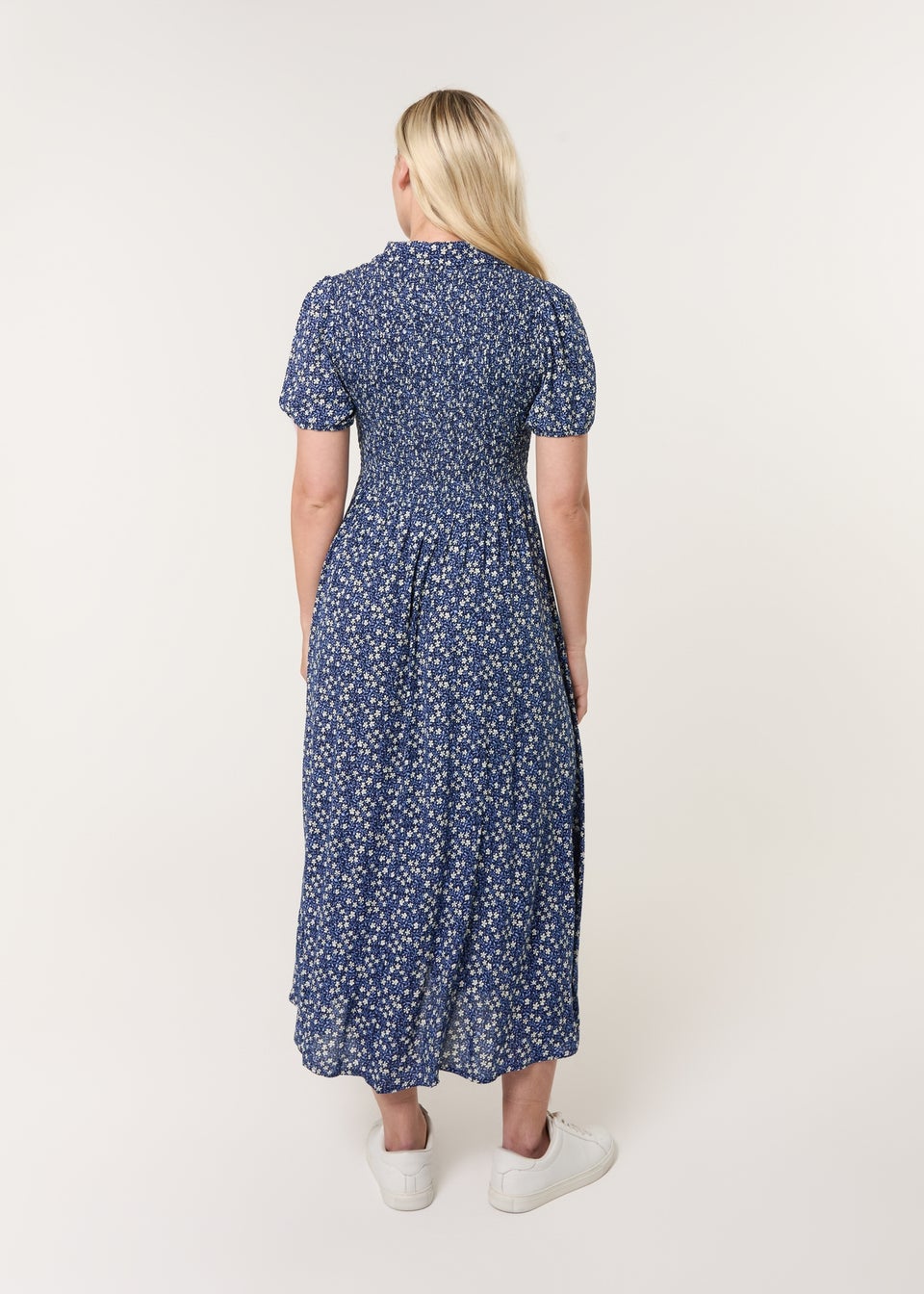 Blue Vanilla Blue Puff Sleeve Shirred Midi Shirt Dress