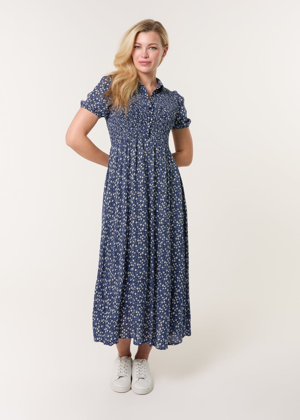 Blue Vanilla Blue Puff Sleeve Shirred Midi Shirt Dress