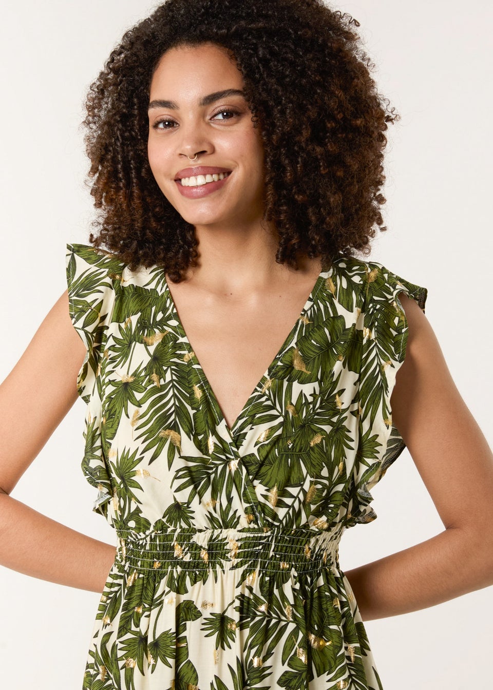 Blue Vanilla Khaki Tropical Dress With Palm Leaf Print