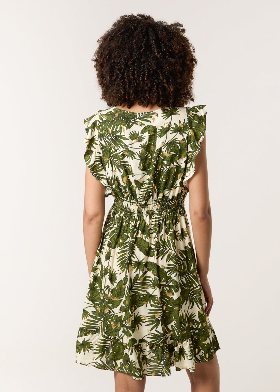 Blue Vanilla Khaki Tropical Dress With Palm Leaf Print