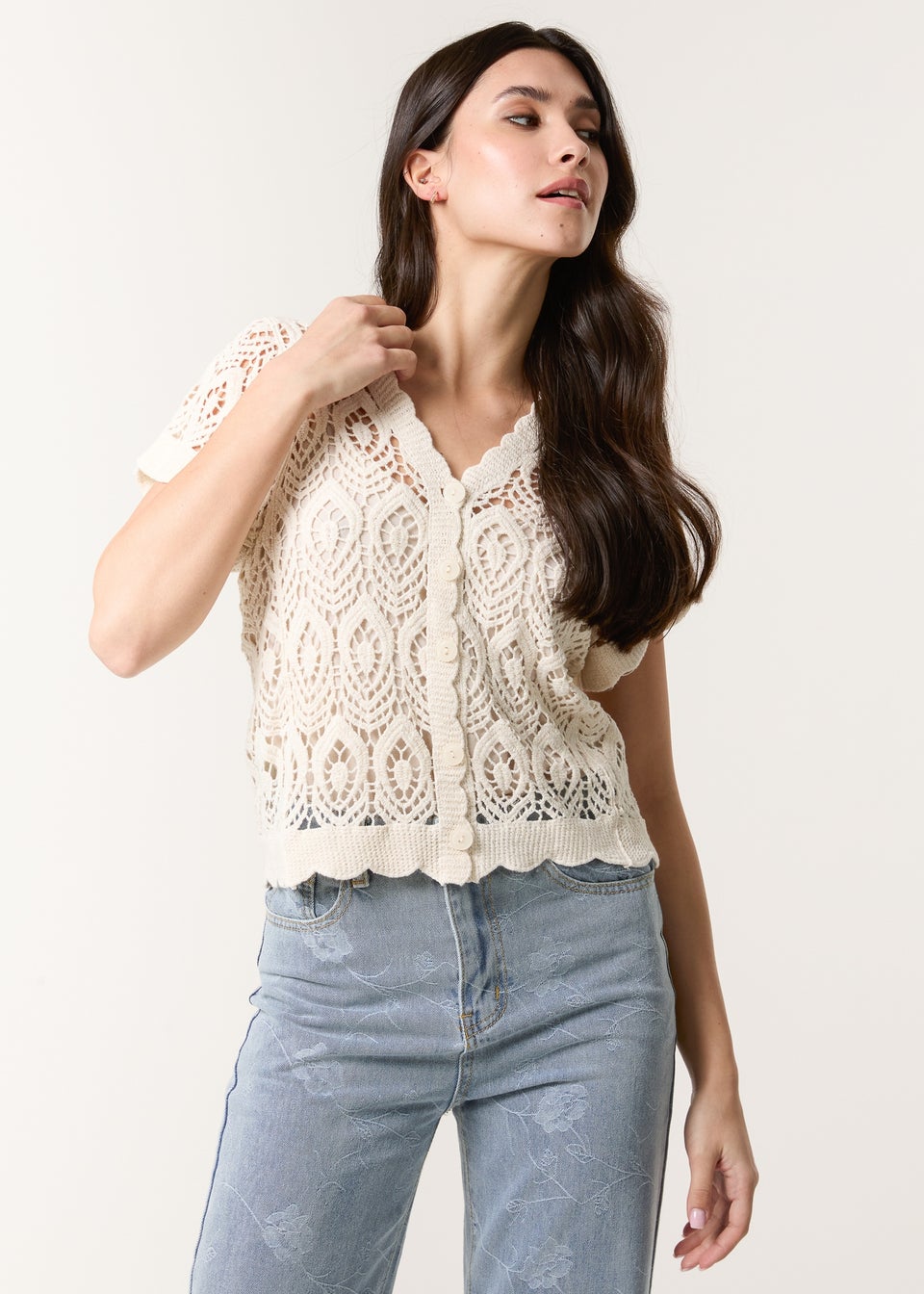 Blue Vanilla Stone Short Sleeved Button Crotchet Top