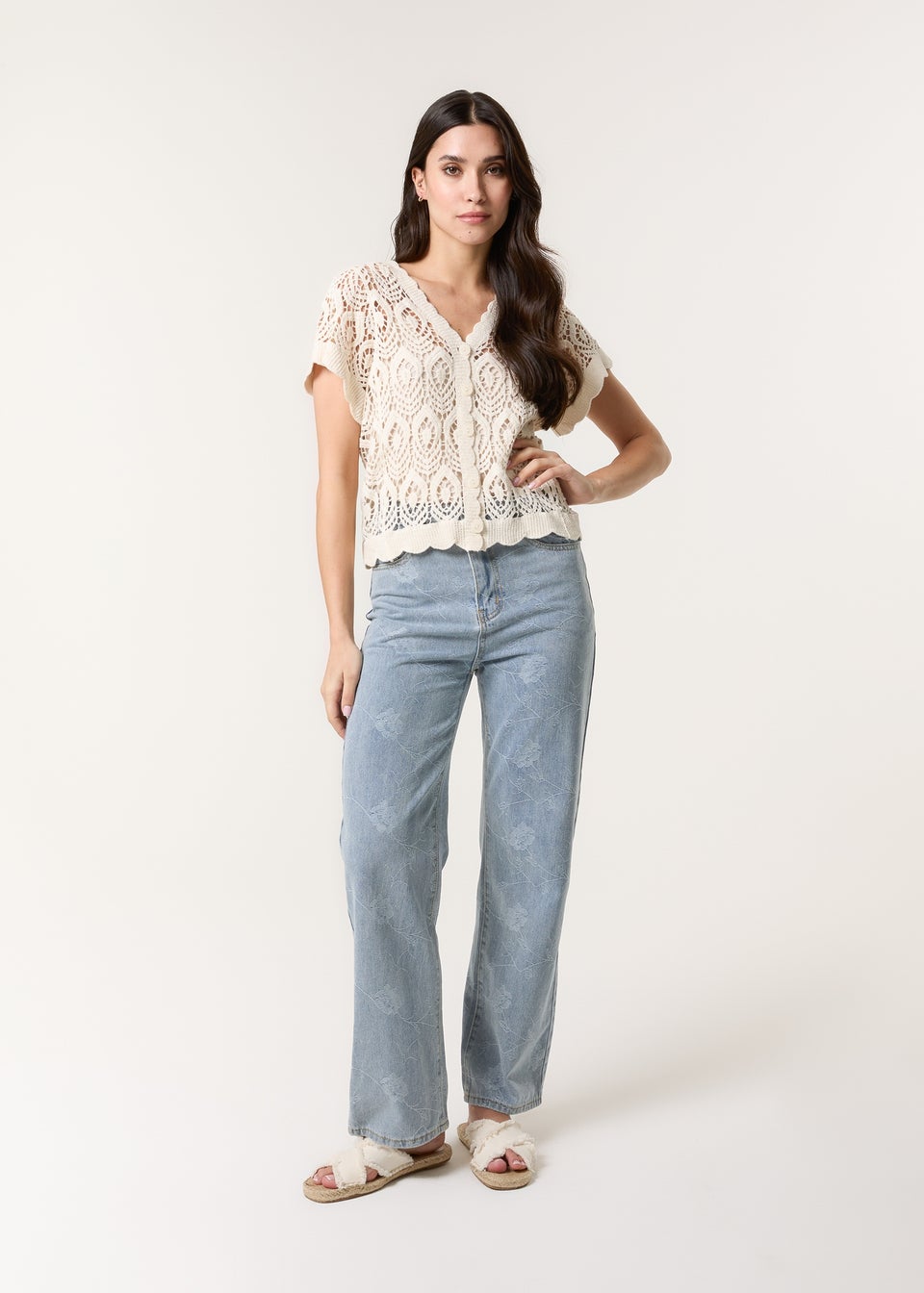 Blue Vanilla Stone Short Sleeved Button Crotchet Top