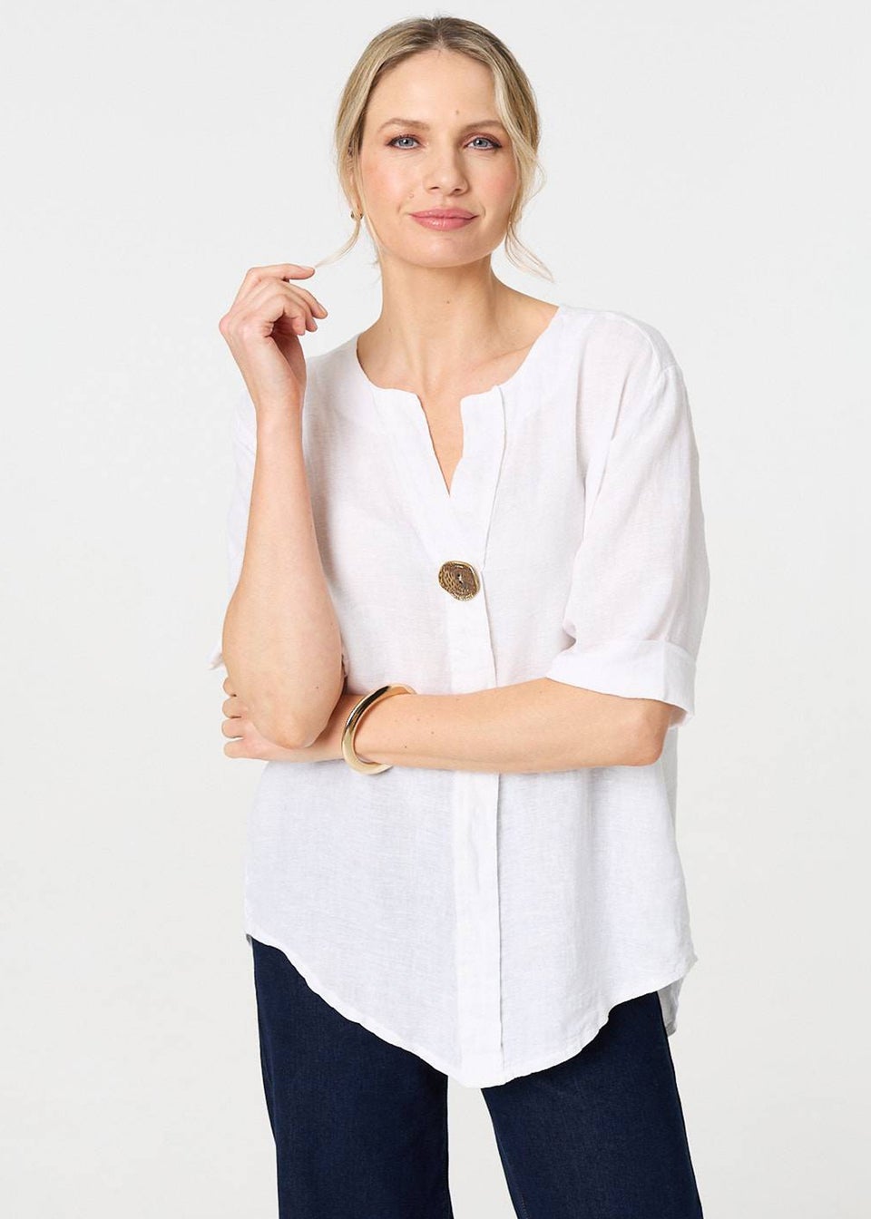 Izabel London White Button Detail V-Neck Blouse