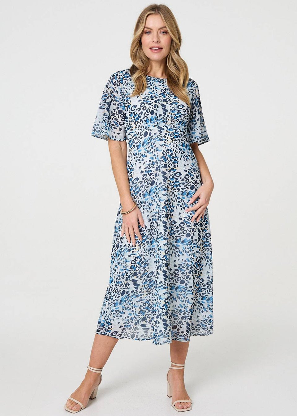 Izabel London Blue Animal Print Flared Sleeve Midi Dress