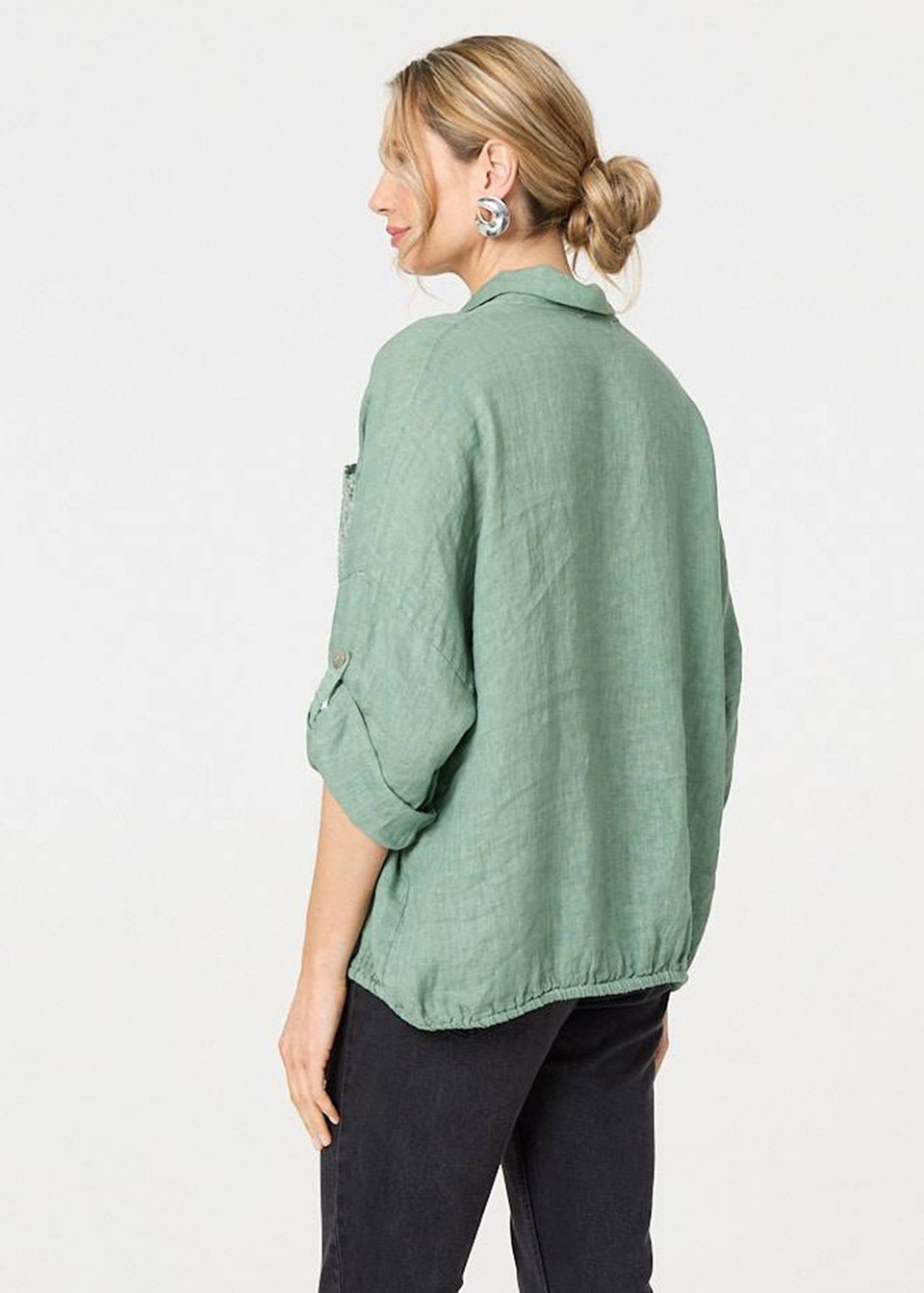 Izabel London Sage Sequin Detail 3/4 Turn-Up Sleeve Shirt