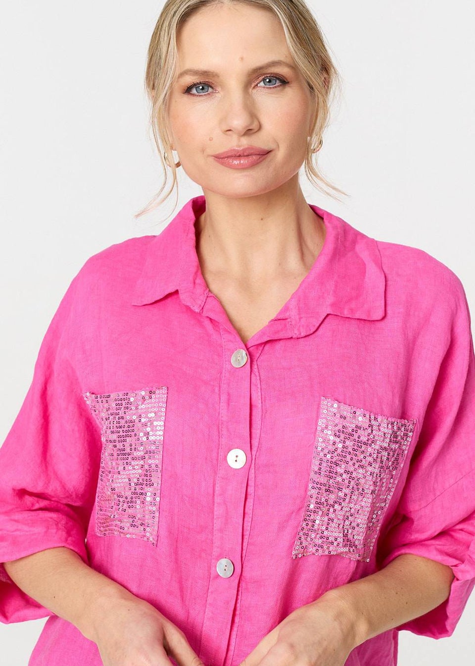 Izabel London Pink Sequin Detail 3/4 Turn-Up Sleeve Shirt