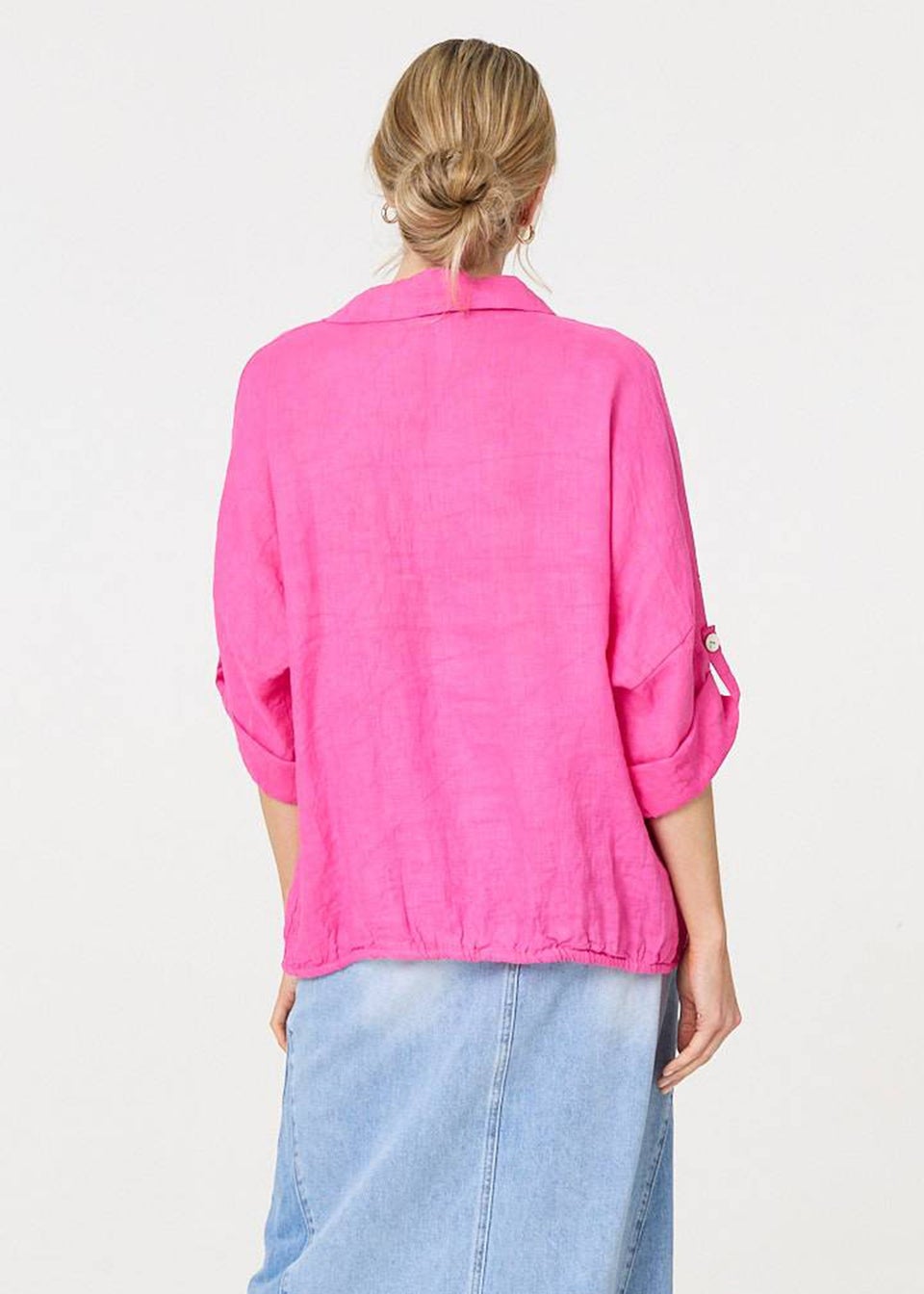 Izabel London Pink Sequin Detail 3/4 Turn-Up Sleeve Shirt