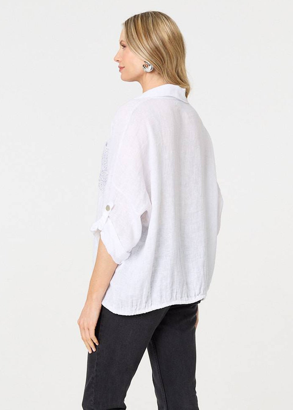 Izabel London White Sequin Detail 3/4 Turn-Up Sleeve Shirt