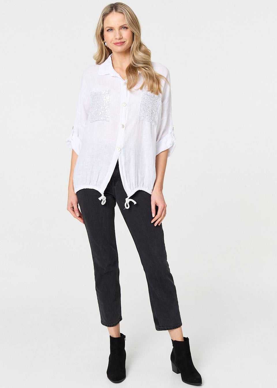 Izabel London White Sequin Detail 3/4 Turn-Up Sleeve Shirt