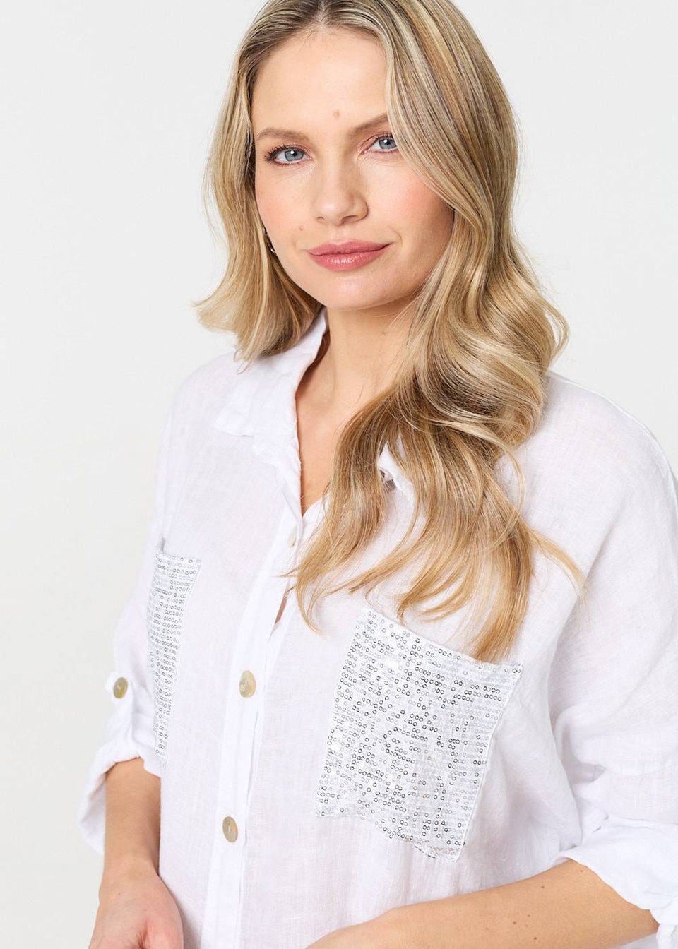 Izabel London White Sequin Detail 3/4 Turn-Up Sleeve Shirt