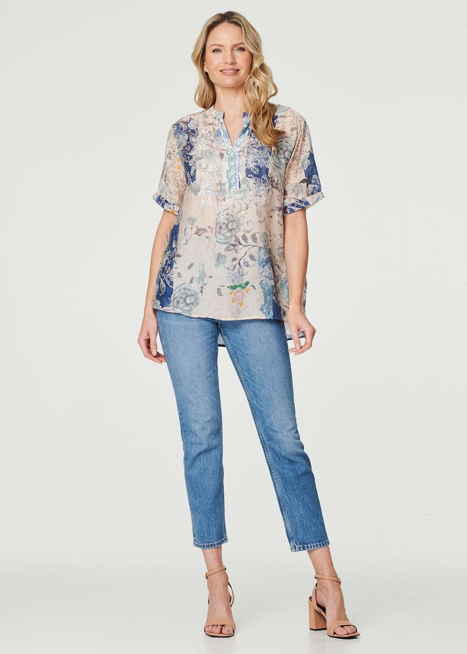 Izabel London Blue Floral Collarless Short Sleeve Blouse