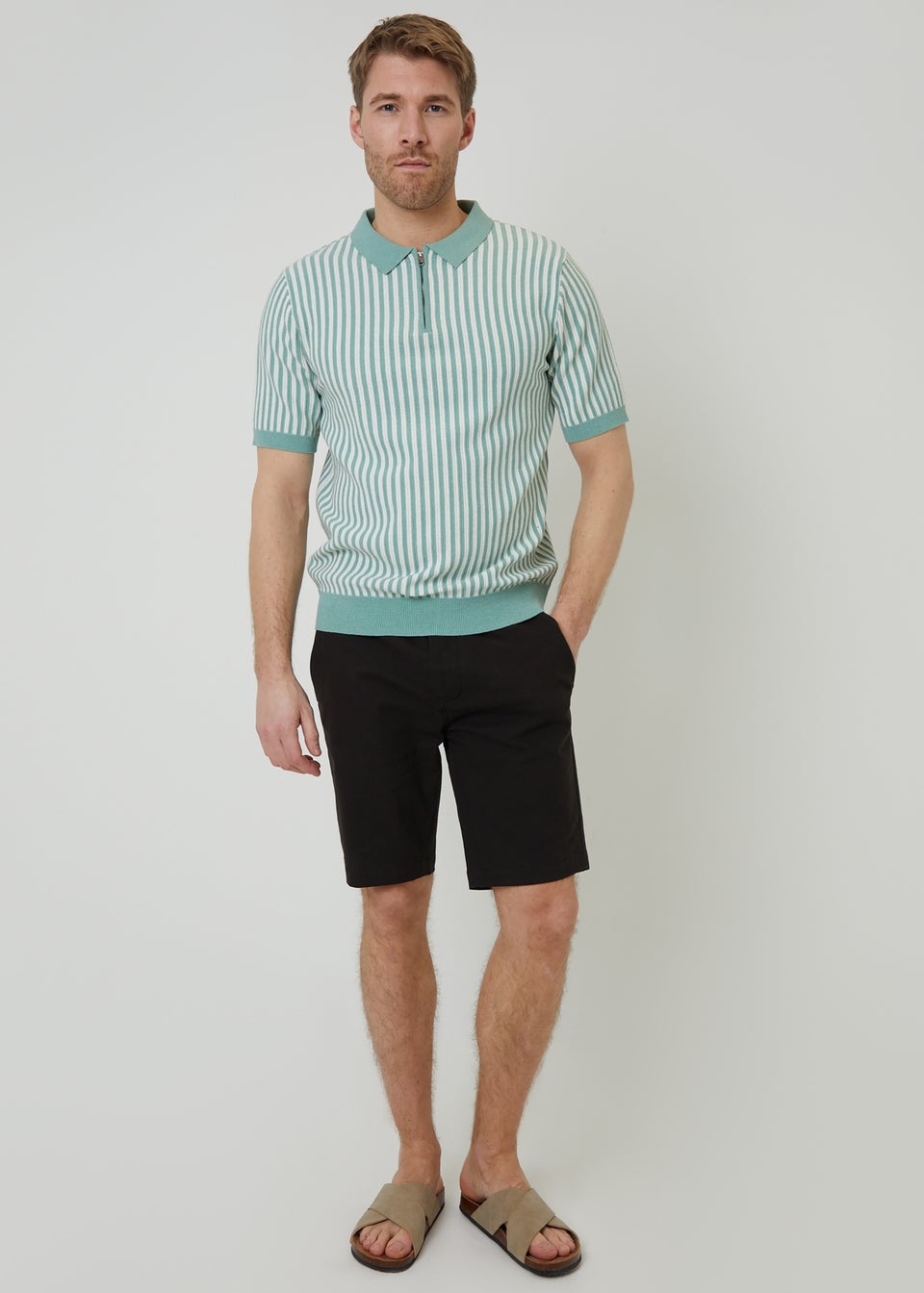 Threadbare Soft Green Textured Quarter Zip Striped Knitted Polo Shirt