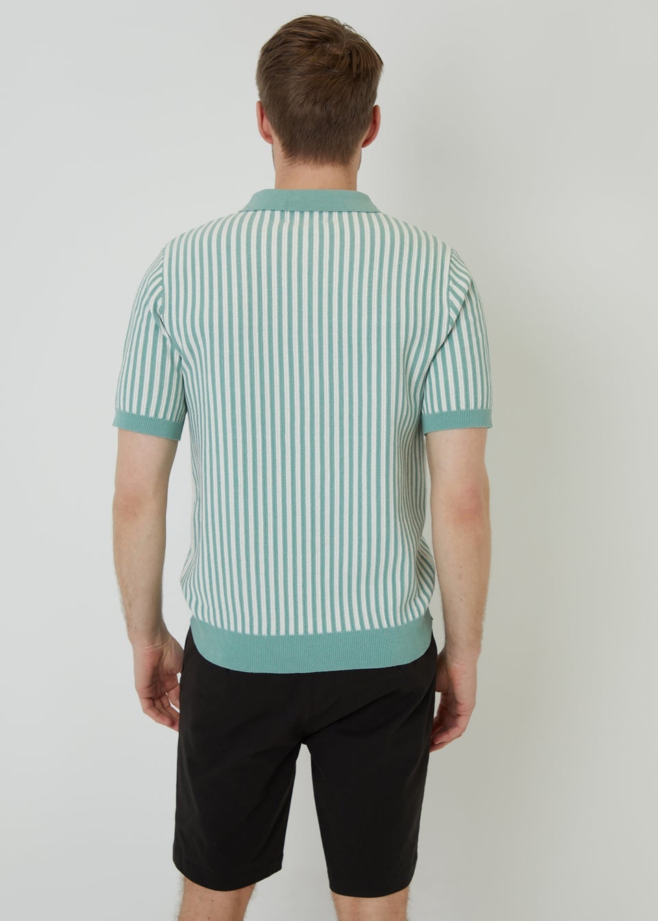 Threadbare Soft Green Textured Quarter Zip Striped Knitted Polo Shirt