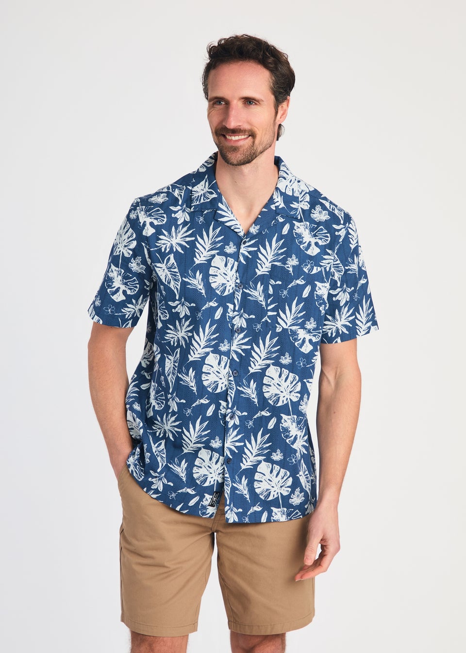 Tokyo Laundry Blue Cotton Printed Poplin Short Sleeve Shirt