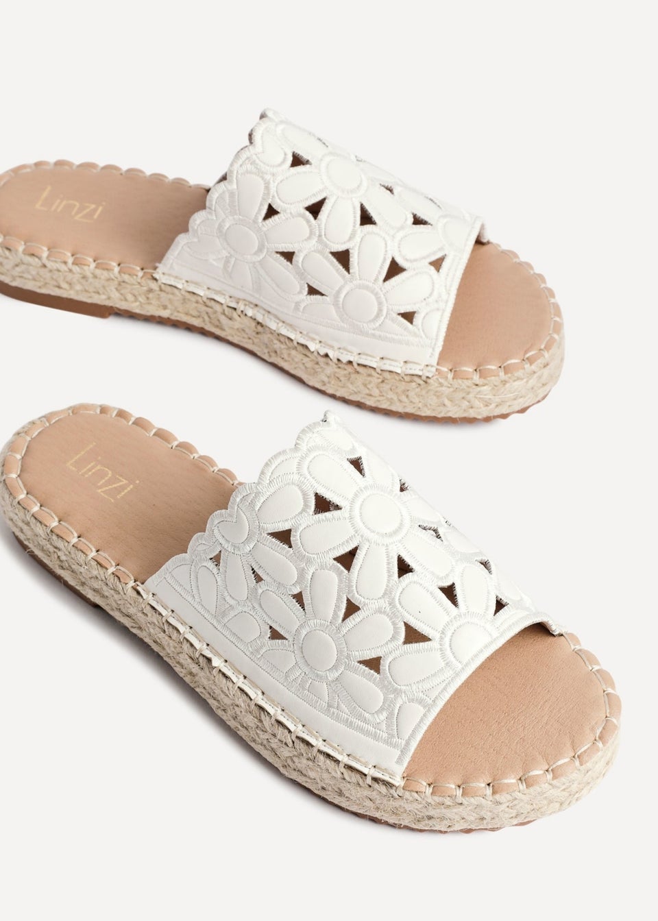 Linzi Parade White Faux Leather Floral Espadrille Flatform Slider