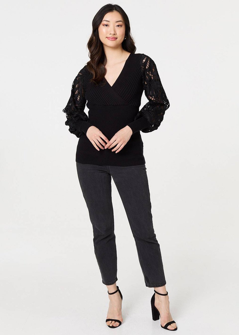 Izabel London Black Floral Lace Puff Sleeve Fitted Knit Top