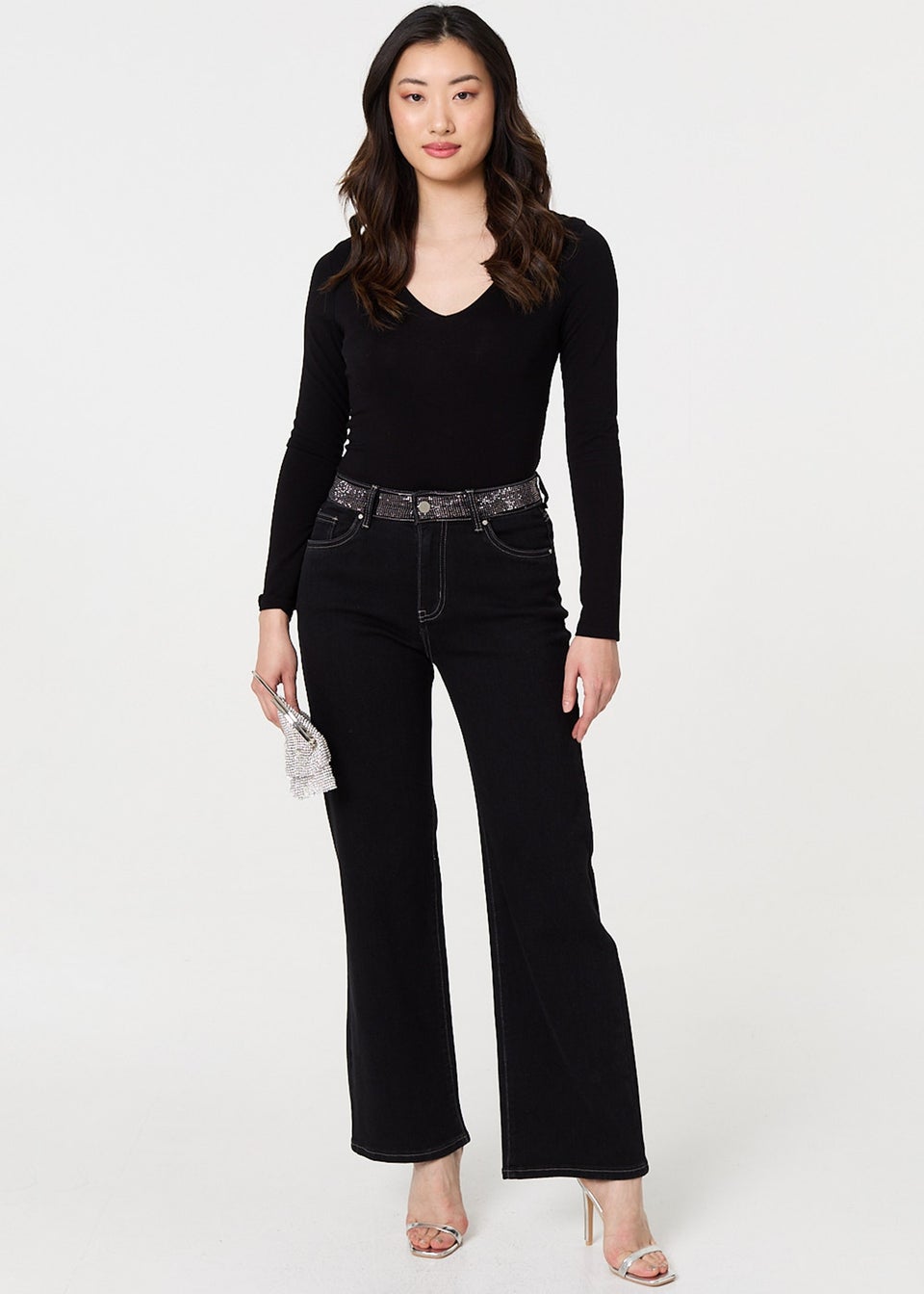Izabel London Black Diamante Stud High Waist Straight Jeans
