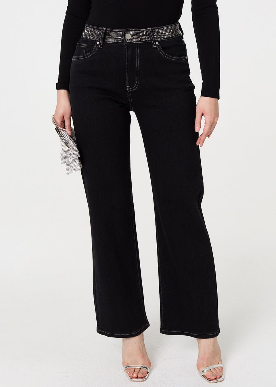 Izabel London Black Diamante Stud High Waist Straight Jeans