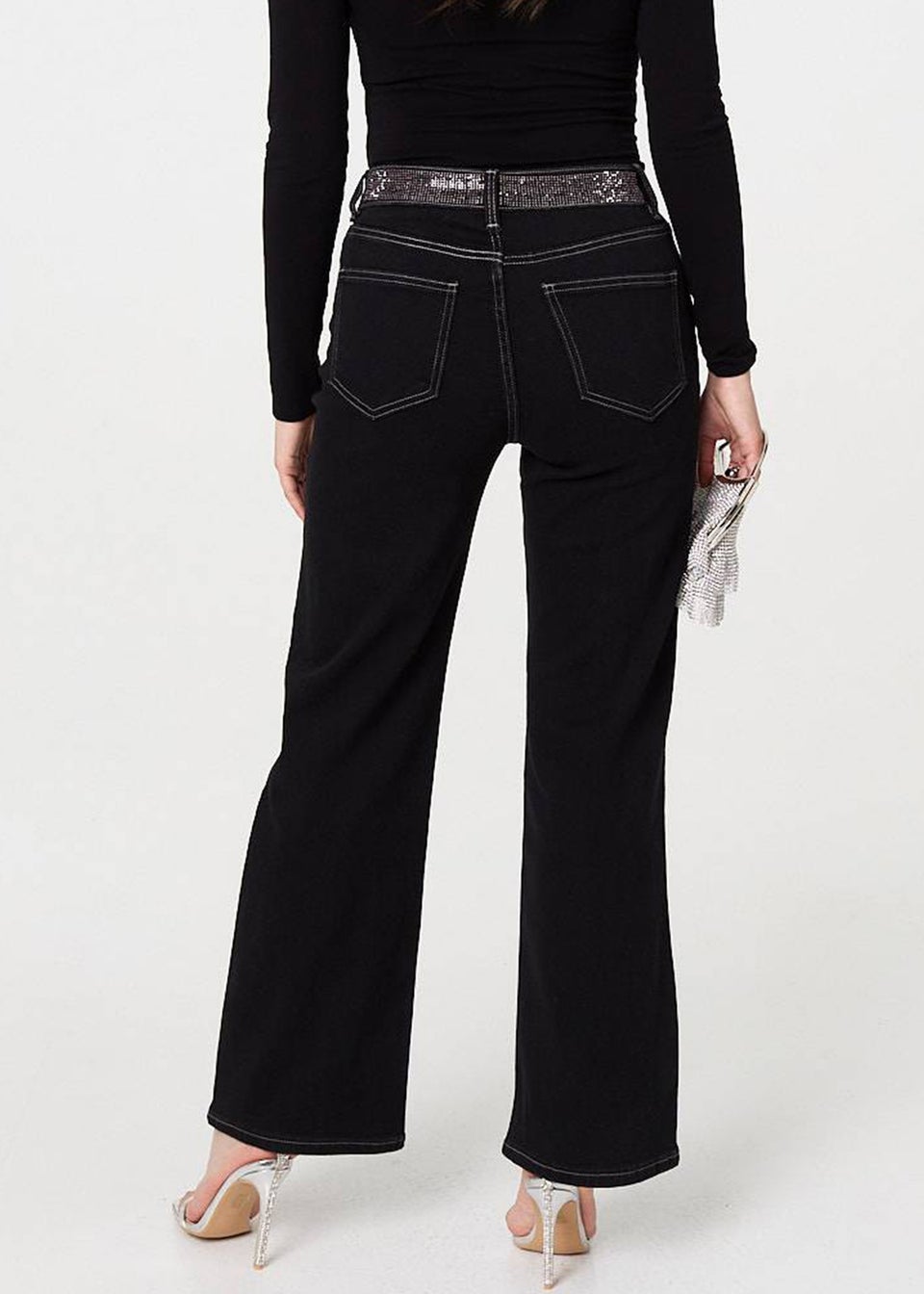 Izabel London Black Diamante Stud High Waist Straight Jeans