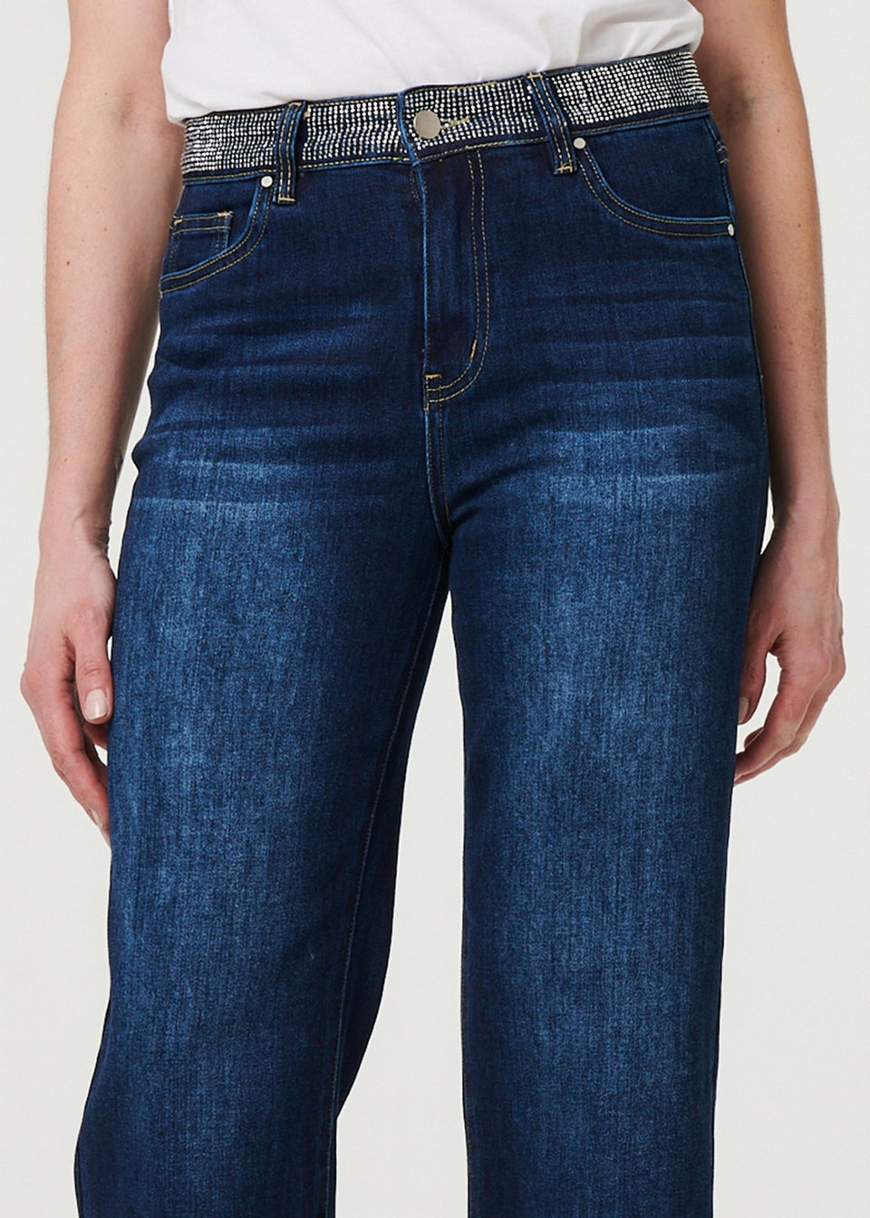 Izabel London Blue Diamante Stud High Waist Straight Jeans