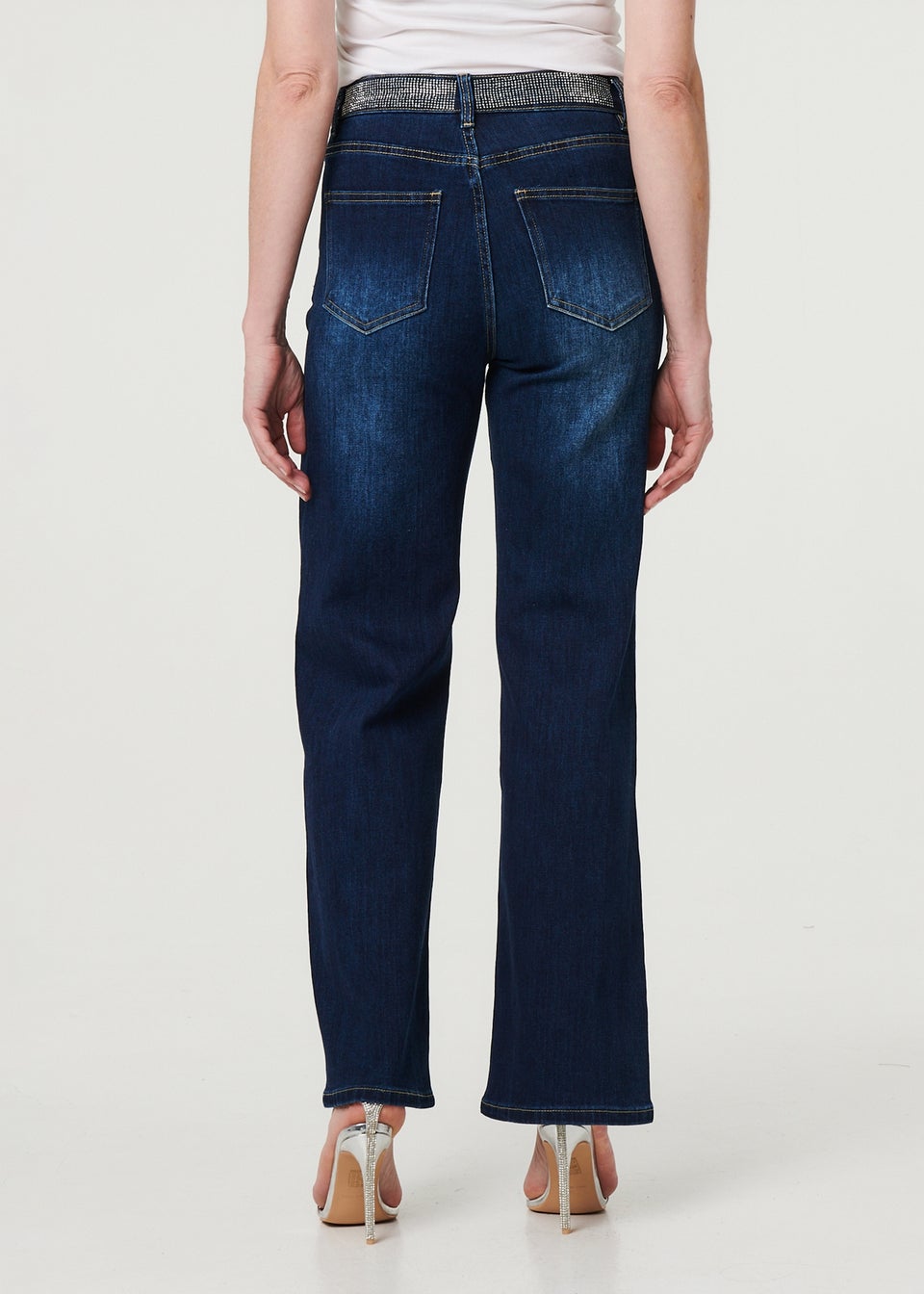 Izabel London Blue Diamante Stud High Waist Straight Jeans