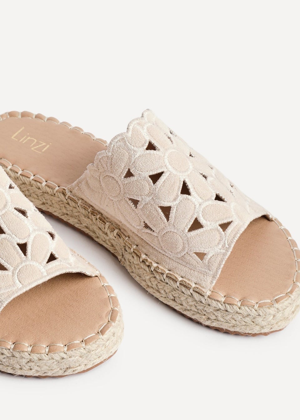 Linzi Parade Beige Faux Suede Floral Espadrille Flatform Slider