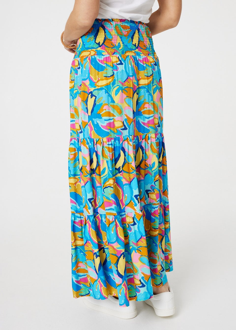Izabel London Blue Abstract Shirred High Waist Maxi Skirt
