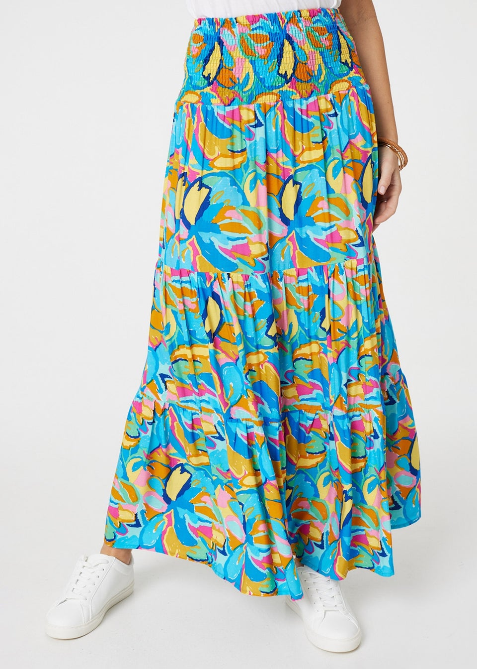 Izabel London Blue Abstract Shirred High Waist Maxi Skirt