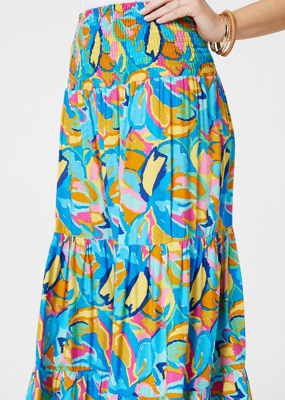 Izabel London Blue Abstract Shirred High Waist Maxi Skirt