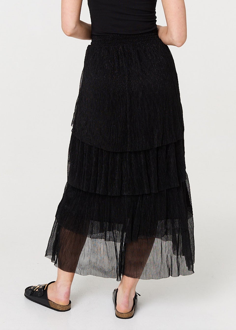 Izabel London Black Metallic Textured Tiered Midi Skirt