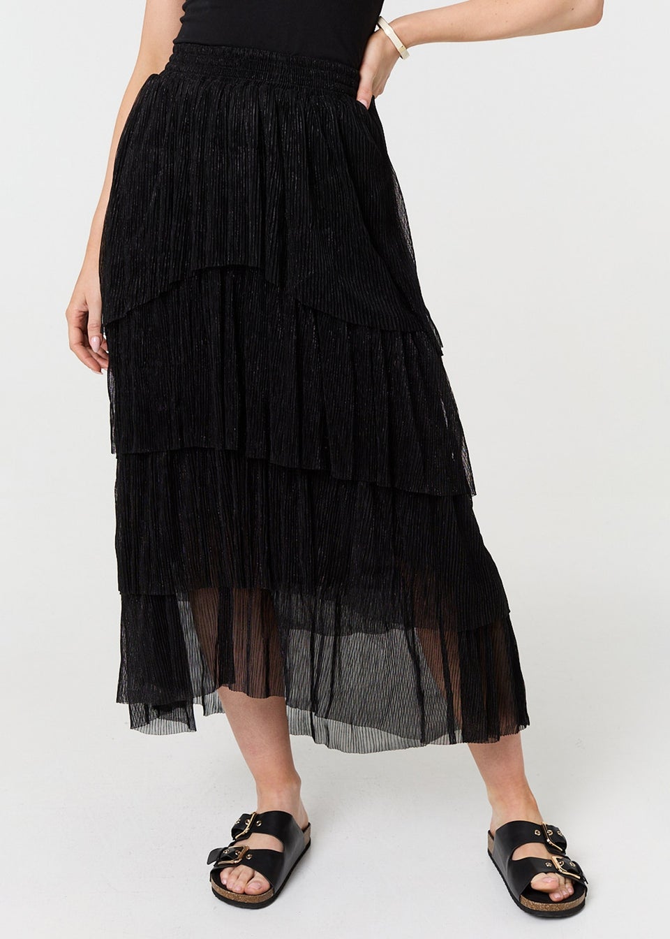 Izabel London Black Metallic Textured Tiered Midi Skirt