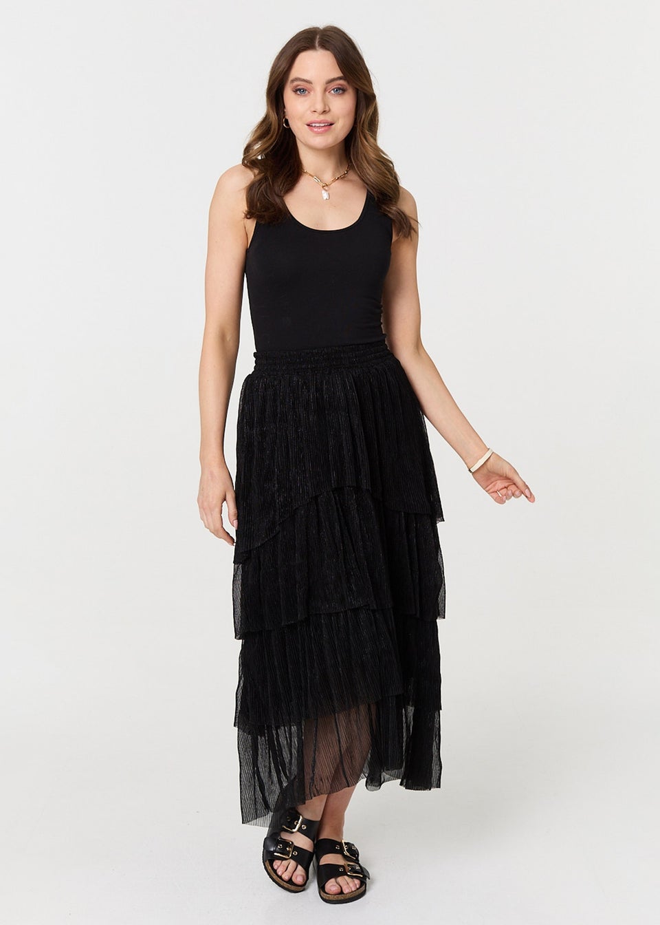 Izabel London Black Metallic Textured Tiered Midi Skirt