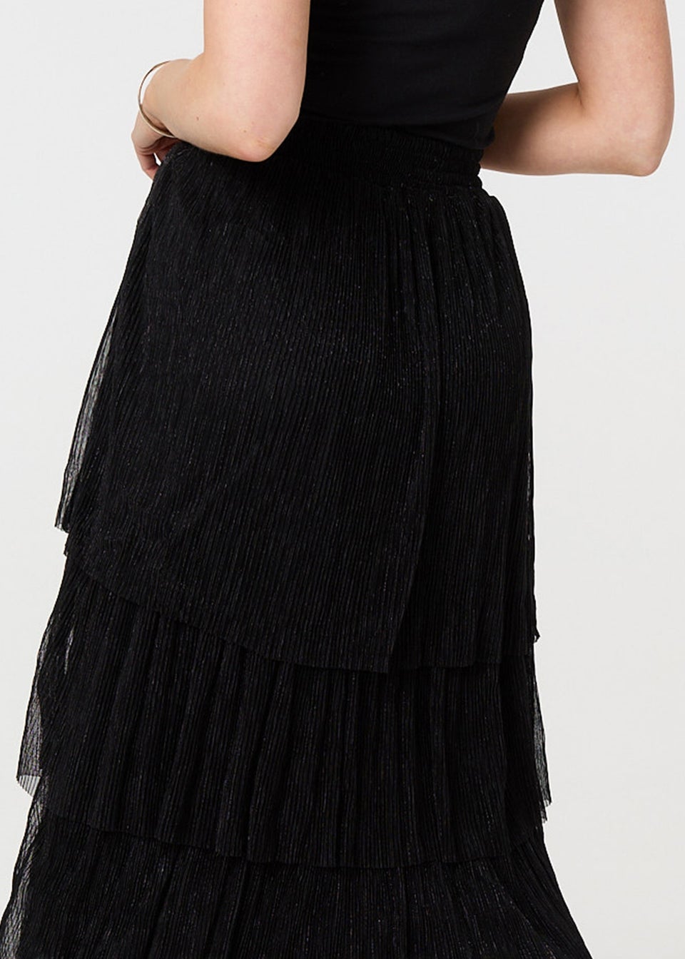 Izabel London Black Metallic Textured Tiered Midi Skirt