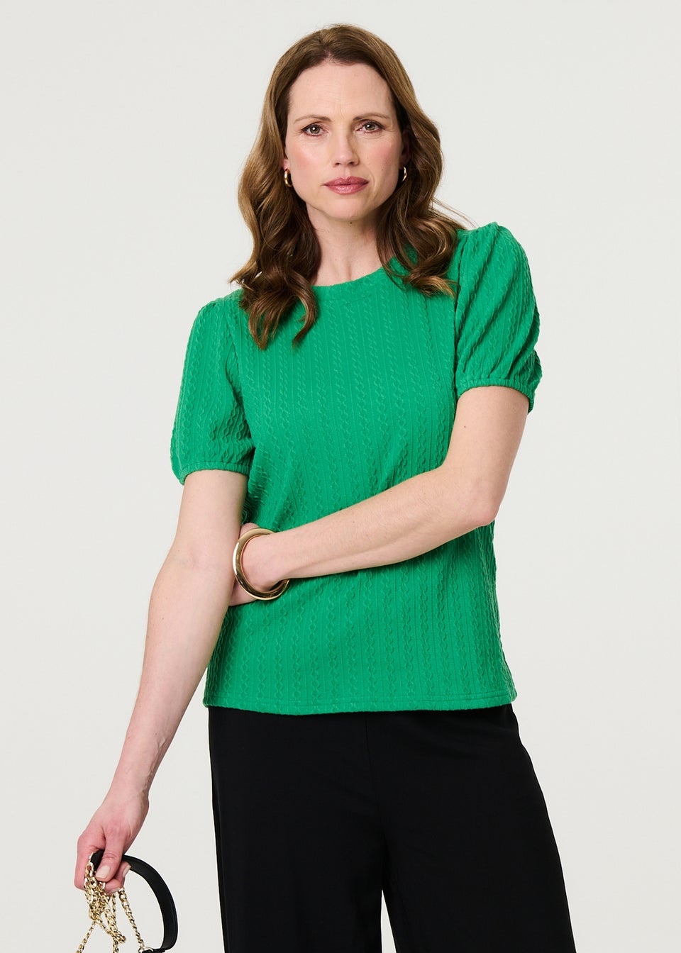Izabel London Green Textured Knit Short Puff Sleeve Top