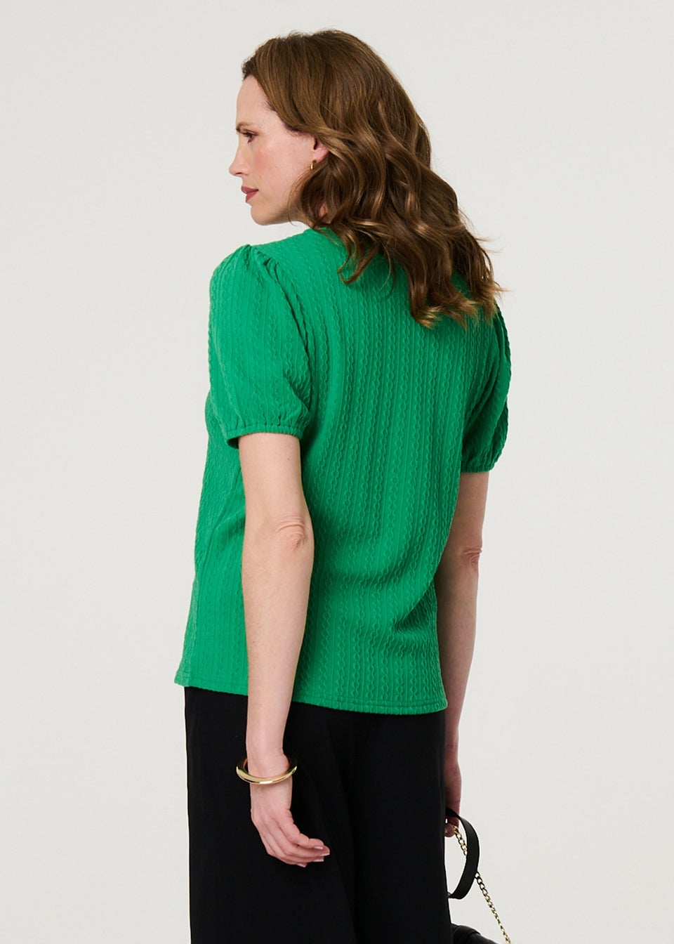 Izabel London Green Textured Knit Short Puff Sleeve Top