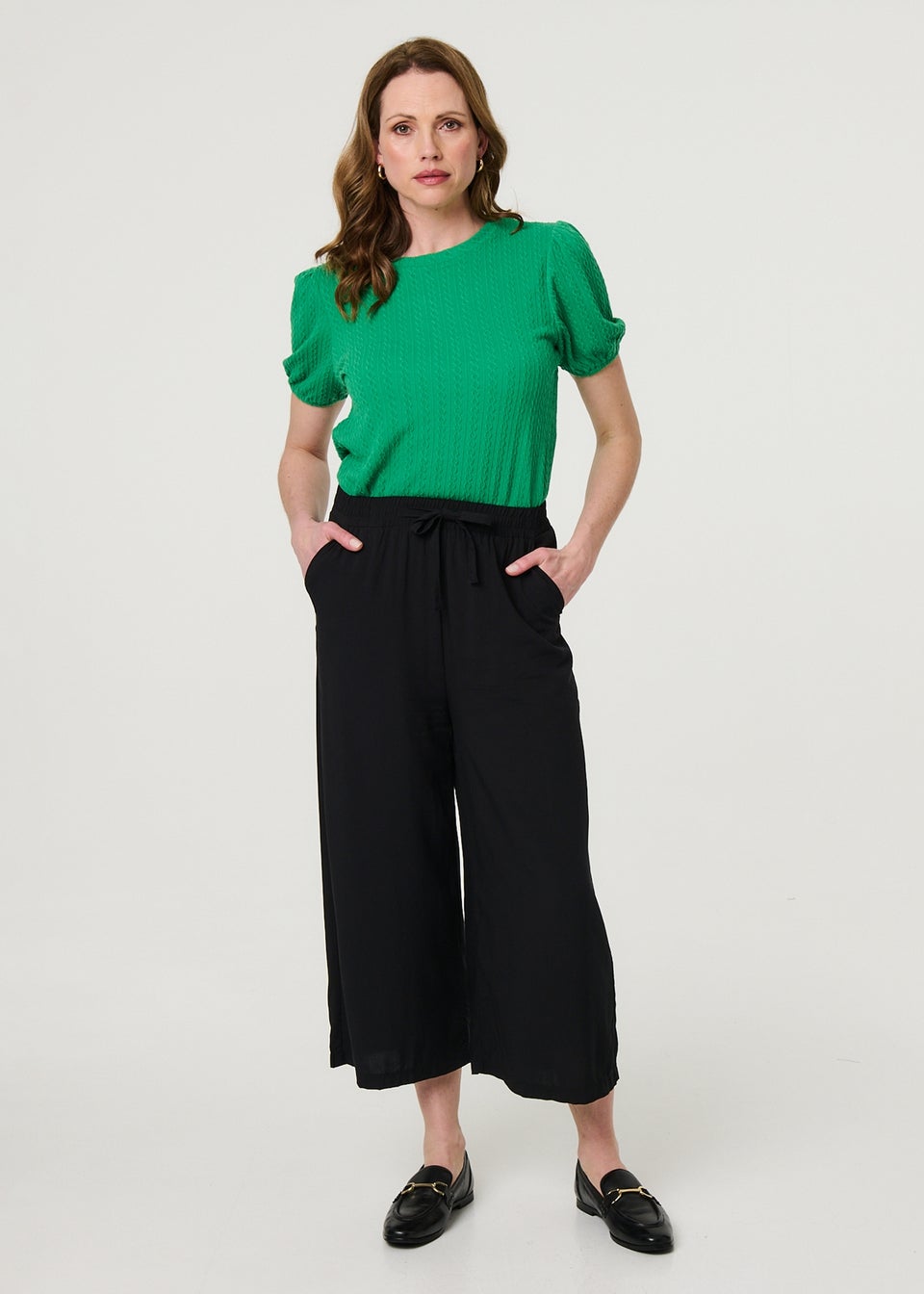 Izabel London Green Textured Knit Short Puff Sleeve Top
